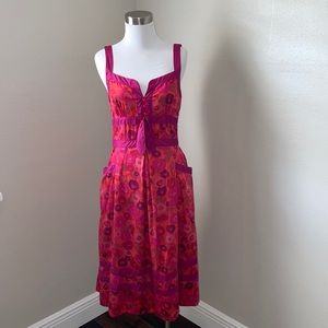 Marc by Marc Jacobs floral midi dress in orange & pink, silk magenta trim Size 4